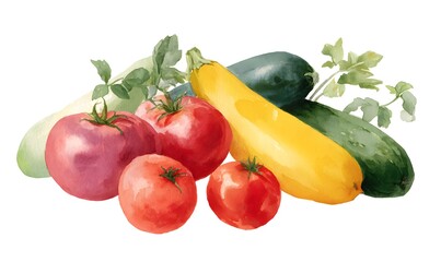 Bouquet of watercolor illustrations of tomatoes, cucumbers, zucchini, eggplants and yellow squash, on a white background,Generative AI
