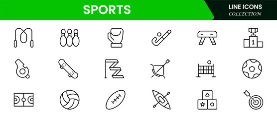 Dynamic vector web line icons depicting sports, athletic gear, competition, fitness, and energetic activities for enthusiasts and athletes.