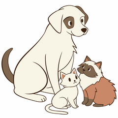 Fototapeta premium A fun, cute cartoon illustration of a happy brown puppy and a playful cat with wagging tails