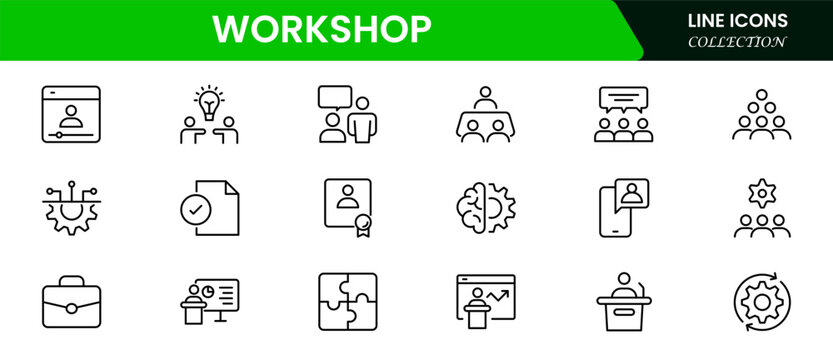 Creative vector web line icons depicting workshop tools, collaboration, skill-building, innovation, and hands-on learning for productive environments.