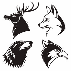 Obraz premium Set of cute cartoon wild animal black silhouettes, vector illustration of cat, dog, fox, wolf, and bird head designs for nature and tribal art