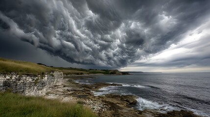 Obraz premium Dramatic thunderheads sweeping across bone-white Jurassic coastline