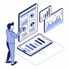 Businessman with laptop working on finance technology concept illustration