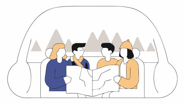 Friends Planning Road Trip with Map in Car