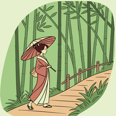 Illustration of a Japanese garden with bamboo and a woman in a fashionable dress