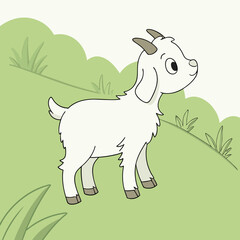 Funny cartoon goat on a farm meadow, a cute mammal illustration isolated on white