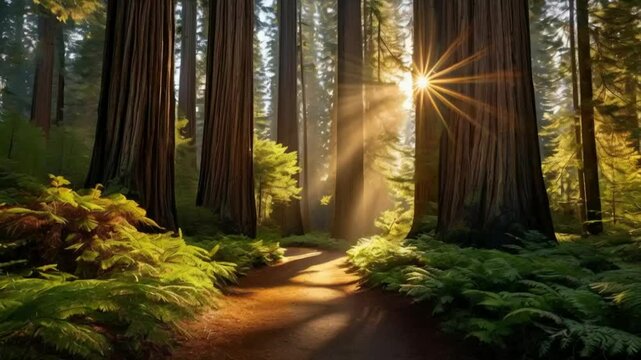 Sunlight through redwood trees on a path in the redwood forest.