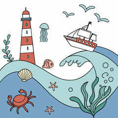 An idyllic marine scene featuring a majestic lighthouse overlooking a vast water expanse with a distant yacht