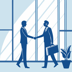 Two businessmen in suits shaking hands in an office building with a window view of the city, symbolizing corporate success and teamwork