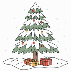 A festive Christmas tree adorned with ornaments and a star, surrounded by colorful gifts and a cheerful snowman, evoking the joyous holiday season and winter celebration