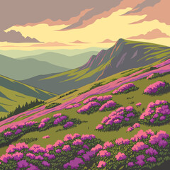 A beautiful summer landscape featuring a vibrant meadow of flowers, rolling green hills, and majestic mountains under a clear sky