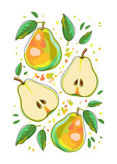 Colorful background with yellow pears, leaves and drops. Bright card with whole and halves of fruits on white. Cartoon. Art print for walls, banners, packaging, covers, etc. Vector isolated