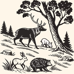 Forest deer and wild animals collection silhouette illustration