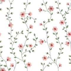 Seamless pattern with flowers. A branch with flowers and leaves. Surface design for gift paper, wallpaper, web page background, greeting cards, textile. Pink flower