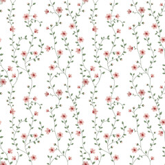 Seamless pattern with flowers. A branch with flowers and leaves. Surface design for gift paper, wallpaper, web page background, greeting cards, textile. Pink flower