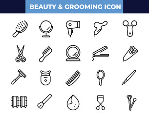 Beauty & Grooming Icon Set – Haircare, Makeup Tools, Razors, Mirrors, Combs, Flat Irons & More | Vector Line Icons for Branding & Design