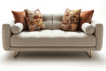 Stylish modern living room couch with metallic gold legs and plush pillows aesthetic high resolution image