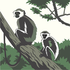A striking portrait of a langur monkey with black fur and a gray face, sitting in a tree in the wild nature of India