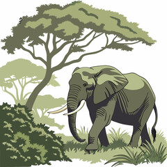 African elephants with prominent tusks, one standing by a tree and another in the grass, embody the grandeur of wild nature on a Kenyan safari
