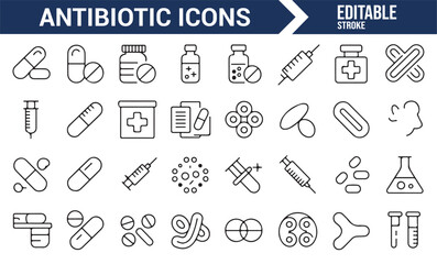 Medical icons representing antibiotic treatment for bacterial infections