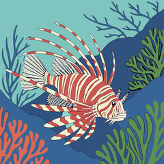 A venomous lionfish, also known as Pterois volitans, swims gracefully in clear blue tropical ocean water, surrounded by vibrant marine life on a coral reef