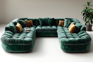 Comfortable and stylish emerald velvet sectional with tufted seating and vibrant pillows high resolution image