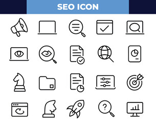 SEO Vector Icon Set – Adjustable Line Weight | Marketing, Analytics, Optimization, Keywords, Ranking, Coding, Traffic, Strategy & More