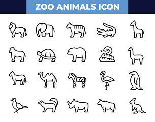Obraz premium Zoo Animals Icon Set – Adjustable Line Weight | Lion, Elephant, Giraffe, Crocodile, Zebra, Penguin, Safari, Wildlife, Jungle & Nature Exploration Icons