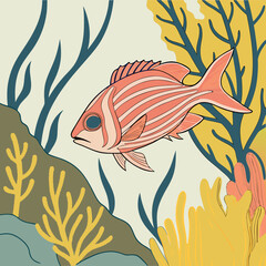 Seamless pattern illustration of cartoon marine fish swimming underwater