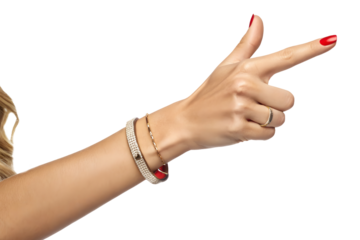 Young woman hand pointing to side isolated on white or transparent background