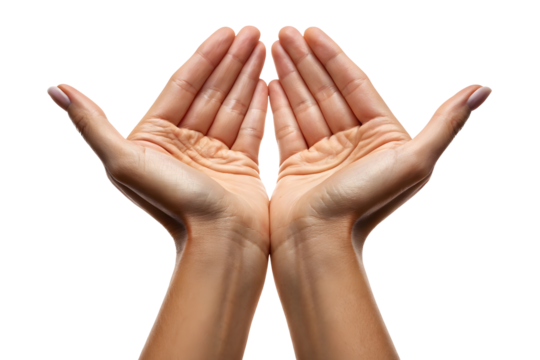 Two open human hands facing each other with relaxed palms realistic gesture symbolizing care offering and communication isolated on white or transparent background - Powered by Adobe