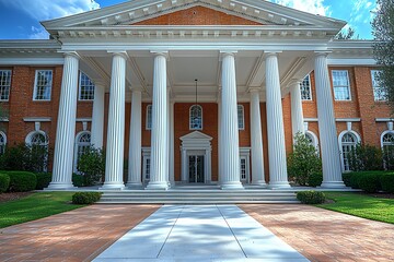 Elegant academic architecture with Corinthian columns and traditional brick facade during autumn season high resolution image