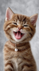 Kitten displaying joyful expression while posing in front of a neutral background. Soft grey tones create a warm atmosphere perfect for showcasing pets
