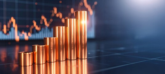 Copper bars forming a growth chart concept illustrating financial investment, commodity trading, and economic rise