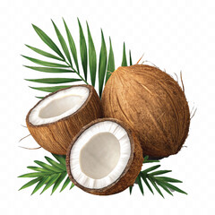 realistic 3d whole and cutout coconut with palm leaves  isolated on transparent background