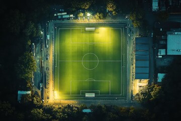 Evening aerial view of a soccer stadium illuminated with bright lights and surrounded by trees, showcasing a lush green field ready for action