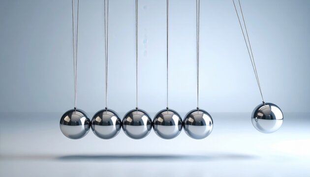 Newton's cradle demonstrates physics concept of conservation of momentum and energy, symbolizing cause-effect, innovation, or workplace productivity themes