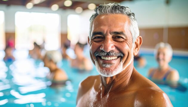 A cheerful senior man in a swimming pool during a water aerobics session representing health, vitality, community, and active aging lifestyle