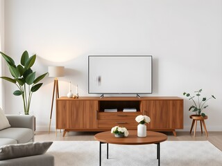 Modern Living Room Interior Mockup with TV Cabinet, Lamp, Table, and Indoor Plants