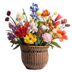 Fototapeta premium Vibrant Floral Arrangement in Woven Basket for Home Décor and Special Occasions on transparent background