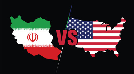 geopolitical conflict concept showing iran and usa rivalry with national flags overlay on country maps and bold vs symbol between them
