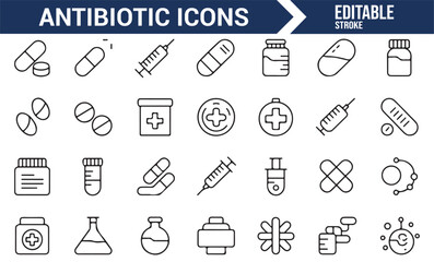 Healthcare icons for antibiotics and medical treatments in vector format