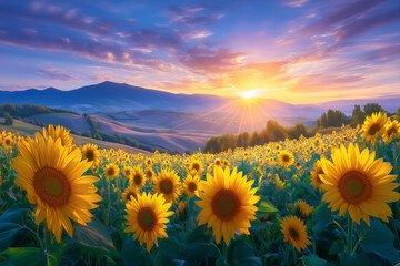 Sunflowers flourish in a vast field as the sun rises, illuminating the landscape with warm colors. Majestic hills surround the area, enhancing the tranquil setting