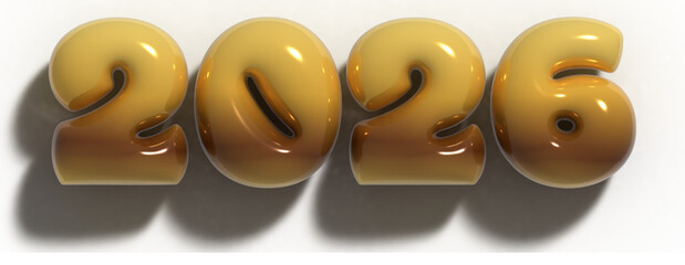 Happy New Year 2026 balloon bubble effect, 3D vector illustration isolated on transparent background, number 2026 in gold inflatable letters