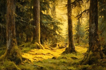Fototapeta premium Golden sunlight streams through towering trees in a serene forest during late afternoon hours, casting a warm glow on the forest floor