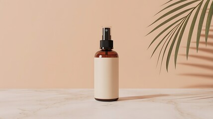 Amber glass spray bottle mockup with palm leaf shadow