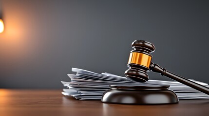 A judge's gavel rests on a stack of legal documents and papers, symbolizing justice, law, and the organized chaos of a courtroom or legal office.