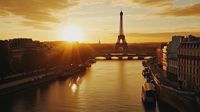 Eiffel Tower at sunset with reflection in the River, beautiful city view captures tourism