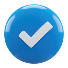 Glossy Blue Tick Button, 3D Render. Cut Out, Clipping Path on Transparent Background.