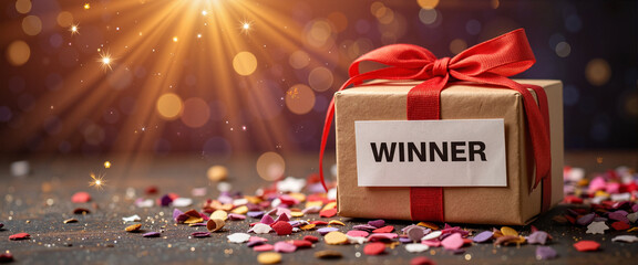 Cheerful gift box with confetti on sparkling surface, celebration joy